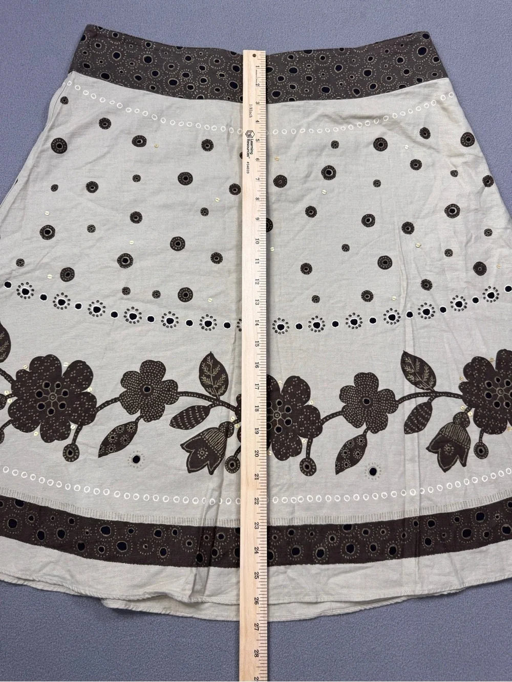 Liz Claiborne Vintage Cottagecore Fairy,Cream A-Line Skirt,Brown Floral Trim, 14